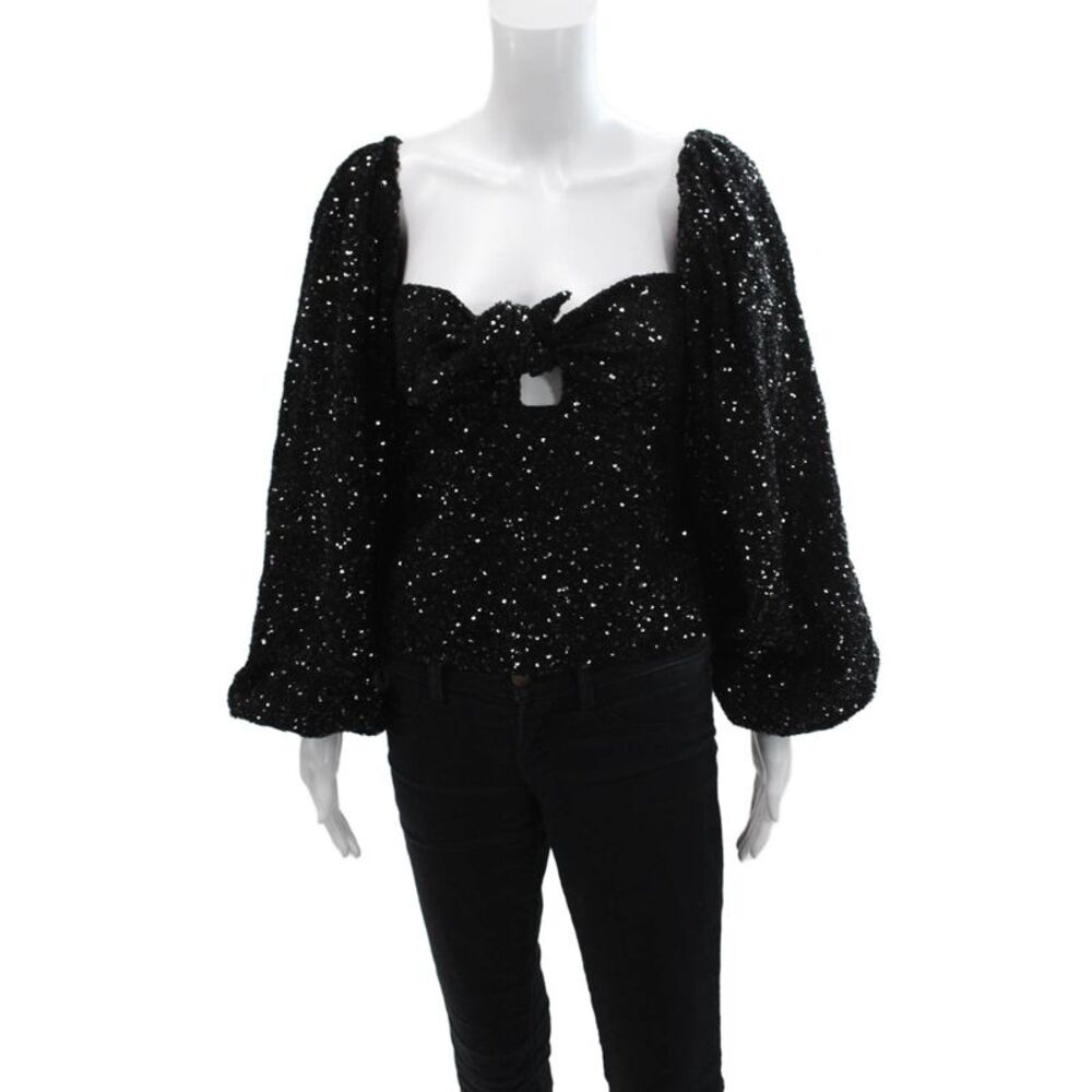 Designer Womens Sequins Tie Front Off Shoulder 3/4 Sleeve Top Black Size 36